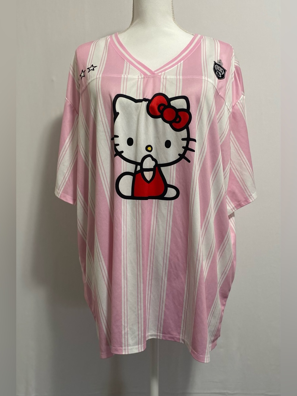 Hello Kitty Pink & White Striped V-Neck Tee with Red Bow Graphic